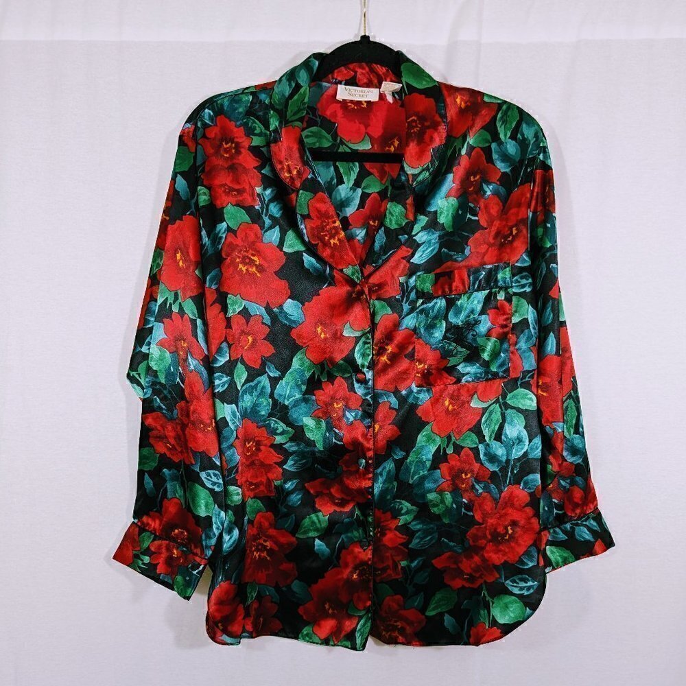 Vintage Gold Label Victoria's Secret Green & Red Floral Pajama Top Size S